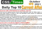 Daily Top-10 Current Affairs MCQs / News (October 09, 2021) for CSS, PMS
