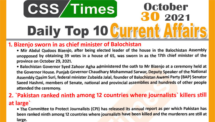 Daily Top-10 Current Affairs MCQs / News (October 30, 2021) for CSS, PMS