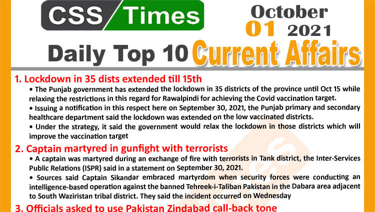 Daily Top-10 Current Affairs MCQs / News (October 01, 2021) for CSS, PMS