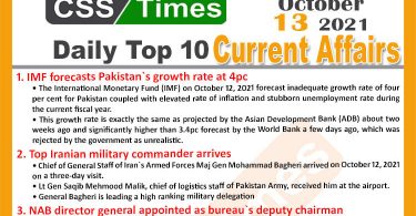 Daily Top-10 Current Affairs MCQs News (October 13, 2021) for CSS, PMS