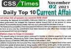 Daily Top-10 Current Affairs MCQs / News (November 02, 2021) for CSS, PMS