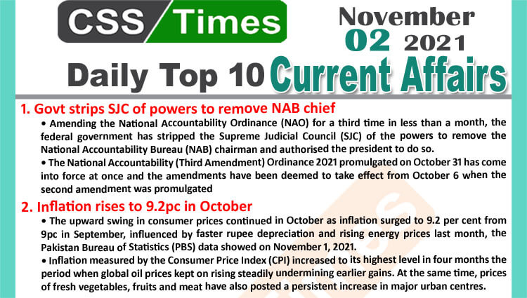 Daily Top-10 Current Affairs MCQs / News (November 02, 2021) for CSS, PMS