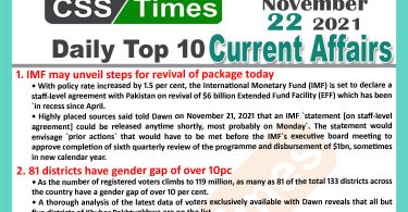 Daily Top-10 Current Affairs MCQs / News (November 22, 2021) for CSS, PMS