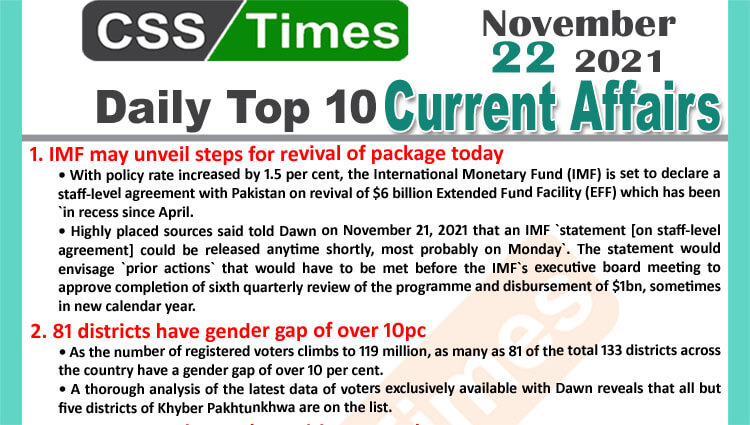 Daily Top-10 Current Affairs MCQs / News (November 22, 2021) for CSS, PMS