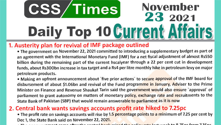Daily Top-10 Current Affairs MCQs / News (November 23, 2021) for CSS, PMS