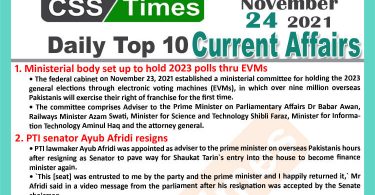 Daily Top-10 Current Affairs MCQs / News (November 24, 2021) for CSS, PMS