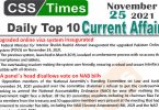Daily Top-10 Current Affairs MCQs / News (November 25, 2021) for CSS, PMS