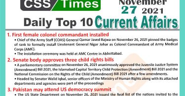 Daily Top-10 Current Affairs MCQs / News (November 27, 2021) for CSS, PMS