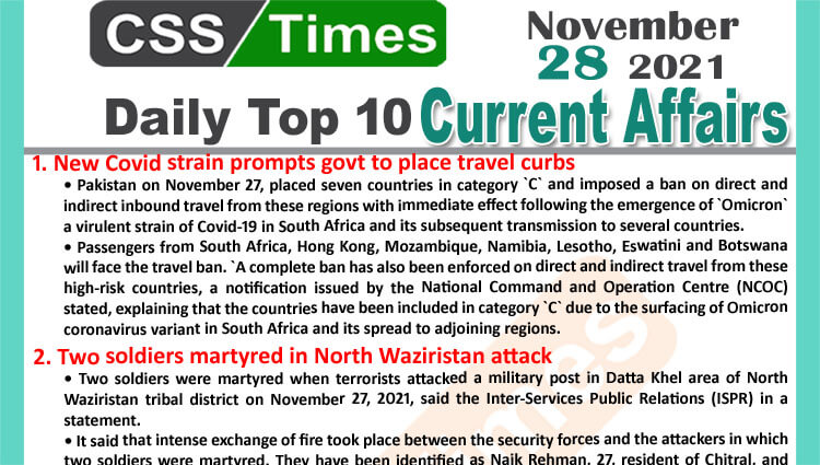 Daily Top-10 Current Affairs MCQs / News (November 28, 2021) for CSS, PMS