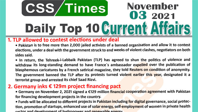 Daily Top-10 Current Affairs MCQs / News (November 03, 2021) for CSS, PMS