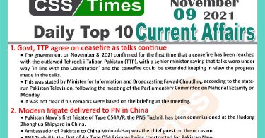 Daily Top-10 Current Affairs MCQs / News (November 09, 2021) for CSS, PMS