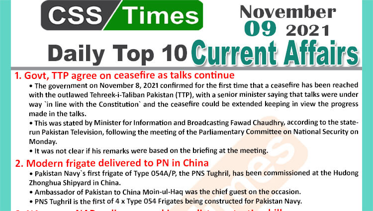 Daily Top-10 Current Affairs MCQs / News (November 09, 2021) for CSS, PMS