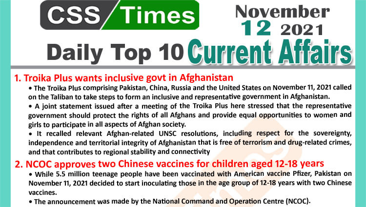 Daily Top-10 Current Affairs MCQs / News (November 12, 2021) for CSS, PMS