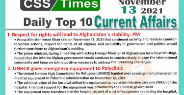 Daily Top-10 Current Affairs MCQs / News (November 13, 2021) for CSS, PMS
