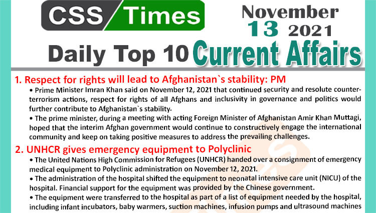 Daily Top-10 Current Affairs MCQs / News (November 13, 2021) for CSS, PMS