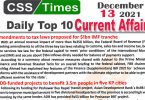 Daily Top-10 Current Affairs MCQs / News (December 13, 2021) for CSS, PMS