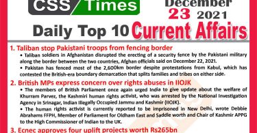 Daily Top-10 Current Affairs MCQs / News (December 23, 2021) for CSS, PMS