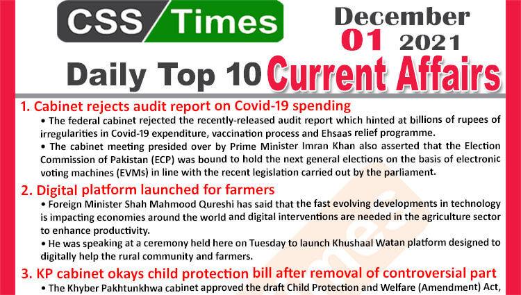 Daily Top-10 Current Affairs MCQs / News (December 01, 2021) for CSS, PMS