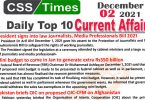 Daily Top-10 Current Affairs MCQs / News (December 02, 2021) for CSS, PMS