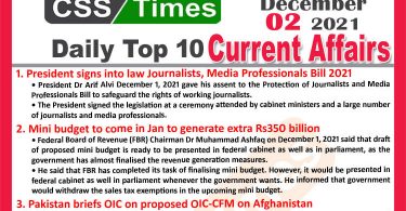 Daily Top-10 Current Affairs MCQs / News (December 02, 2021) for CSS, PMS