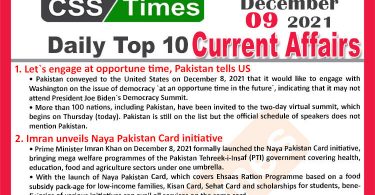 Daily Top-10 Current Affairs MCQs / News (December 09, 2021) for CSS, PMS