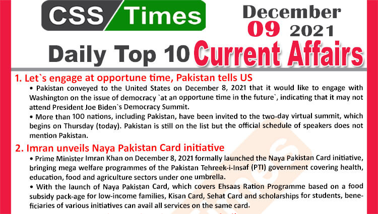 Daily Top-10 Current Affairs MCQs / News (December 09, 2021) for CSS, PMS