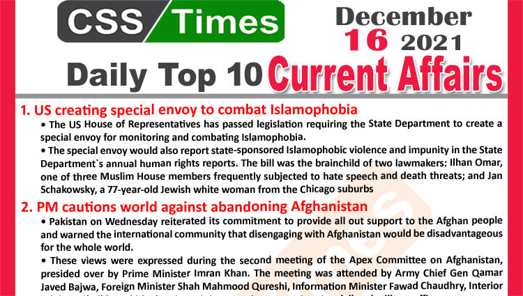 Daily Top-10 Current Affairs MCQs / News (December 16, 2021) for CSS, PMS