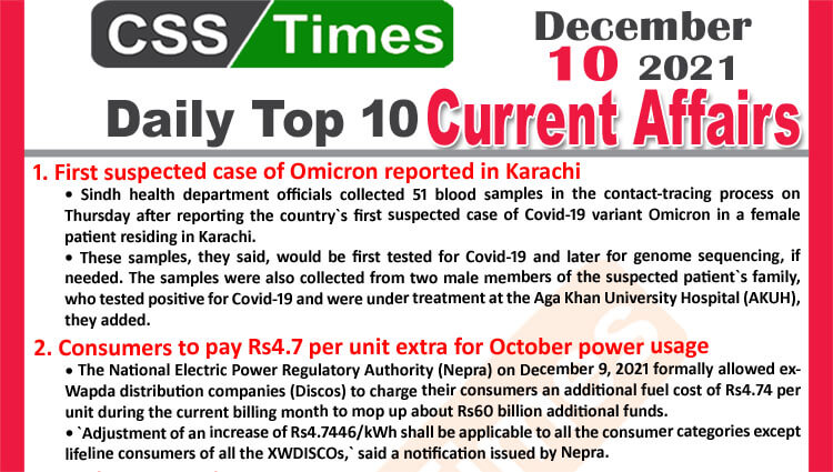 Daily Top-10 Current Affairs MCQs / News (December 10, 2021) for CSS, PMS