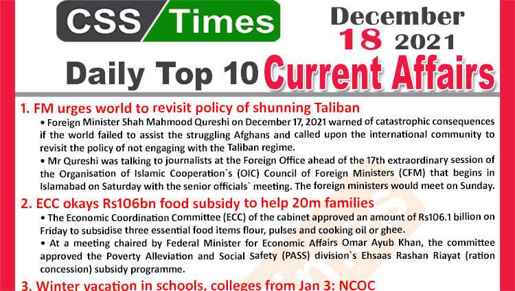 Daily Top-10 Current Affairs MCQs / News (December 18, 2021) for CSS, PMS