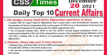Daily Top-10 Current Affairs MCQs / News (December 20, 2021) for CSS, PMS