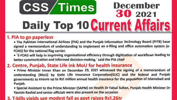 Daily Top-10 Current Affairs MCQs / News (December 30, 2021) for CSS, PMS