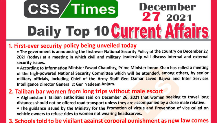 Daily Top-10 Current Affairs MCQs / News (December 27, 2021) for CSS, PMS
