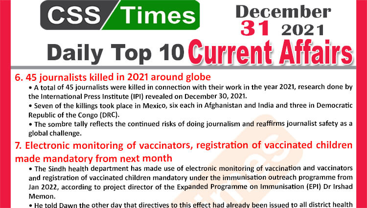 Daily Top-10 Current Affairs MCQs / News (December 31, 2021) for CSS, PMS