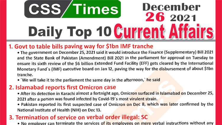 Daily Top-10 Current Affairs MCQs / News (December 26, 2021) for CSS, PMS
