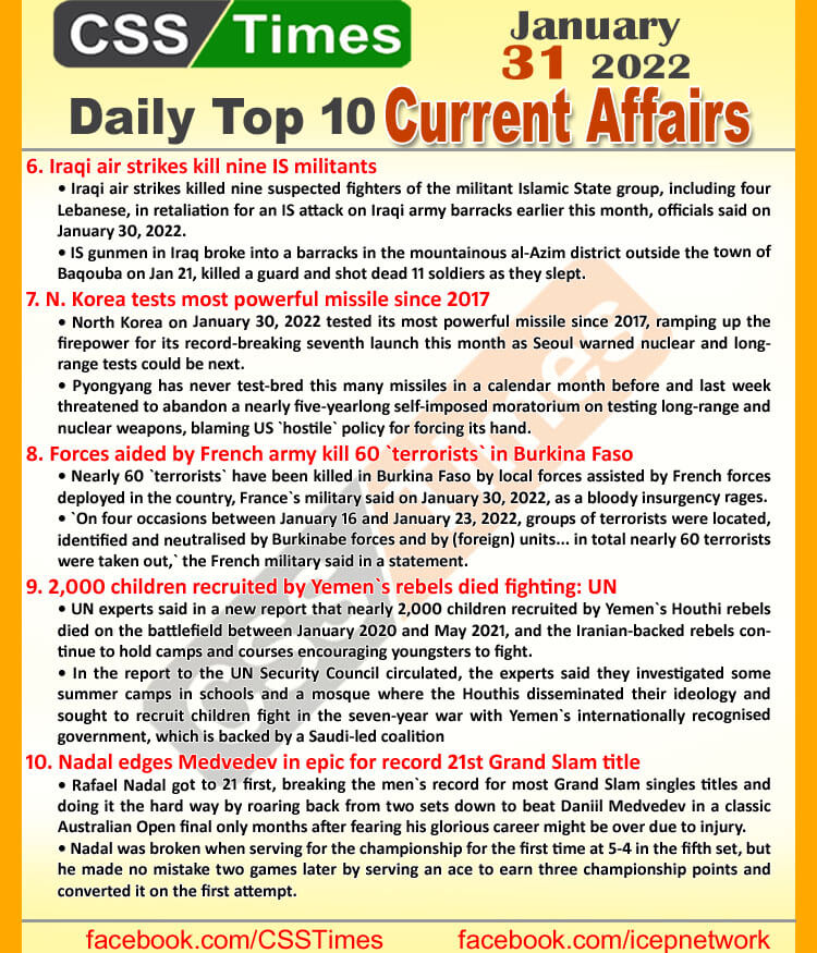Daily Top-10 Current Affairs MCQs / News (January 31, 2022) for CSS, PMS