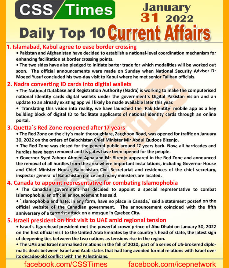 Daily Top-10 Current Affairs MCQs / News (January 31, 2022) for CSS, PMS