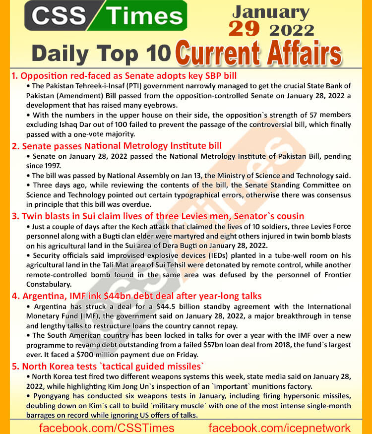 Daily Top-10 Current Affairs MCQs / News (January 29, 2022) for CSS, PMS