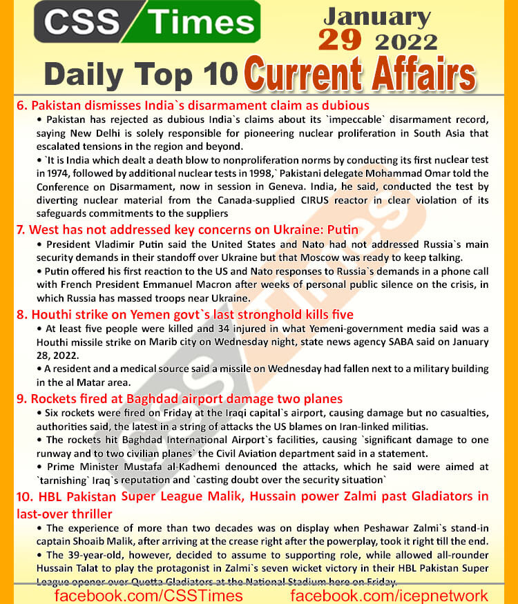 Daily Top-10 Current Affairs MCQs / News (January 29, 2022) for CSS, PMS