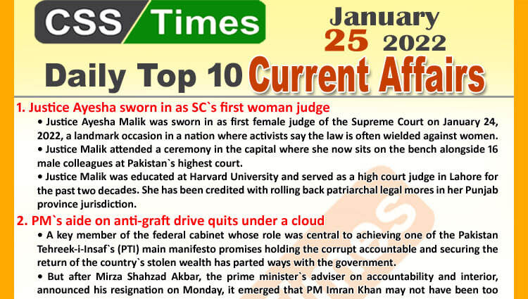 Daily Top-10 Current Affairs MCQs / News (January 25, 2022) for CSS, PMS