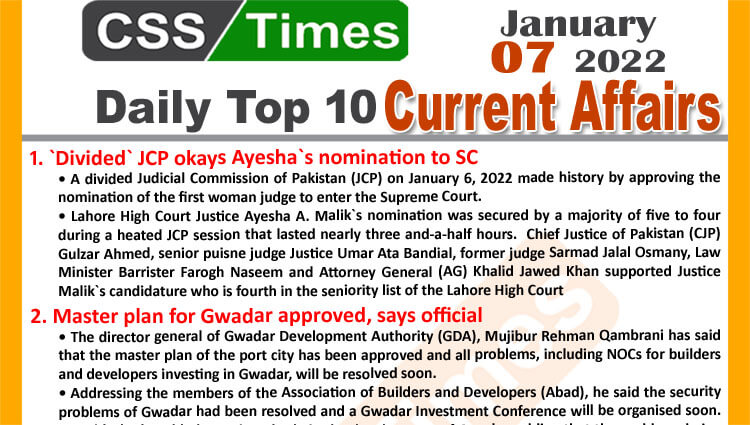 Daily Top-10 Current Affairs MCQs / News (January 07, 2022) for CSS, PMS