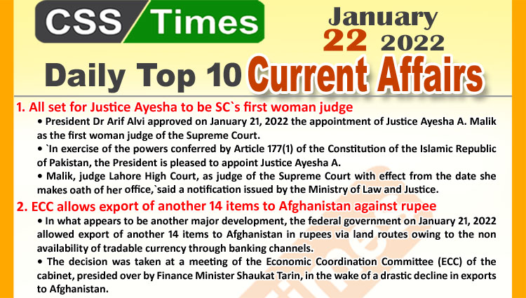 Daily Top-10 Current Affairs MCQs / News (January 22, 2022) for CSS, PMS