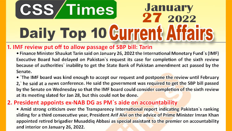 Daily Top-10 Current Affairs MCQs / News (January 27, 2022) for CSS, PMS
