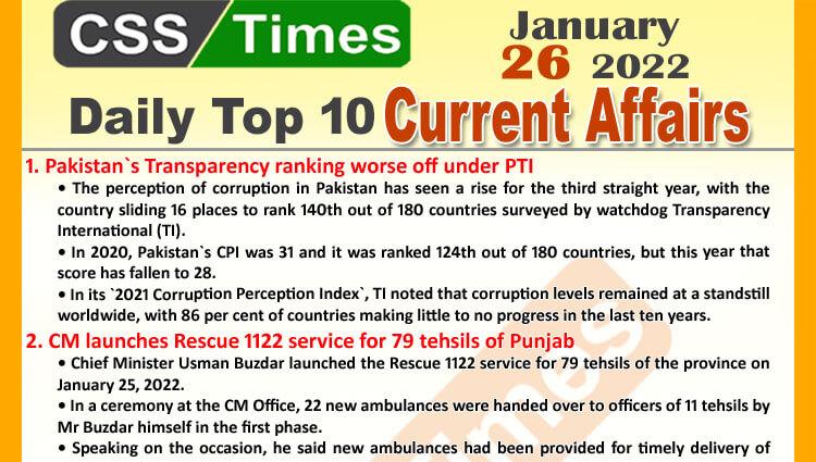 Daily Top-10 Current Affairs MCQs / News (January 26, 2022) for CSS, PMS