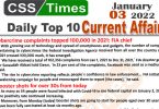 Daily Top-10 Current Affairs MCQs / News (January 03, 2022) for CSS, PMS
