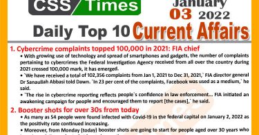 Daily Top-10 Current Affairs MCQs / News (January 03, 2022) for CSS, PMS