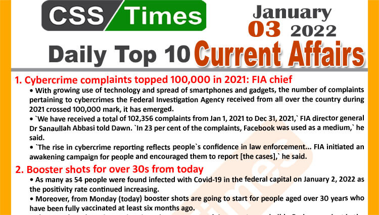 Daily Top-10 Current Affairs MCQs / News (January 03, 2022) for CSS, PMS