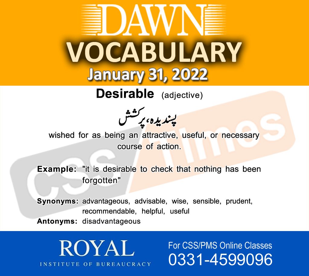 Daily DAWN News Vocabulary with Urdu Meaning (31January 2022)