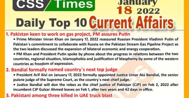 Daily Top-10 Current Affairs MCQs / News (January 18, 2022) for CSS, PMS