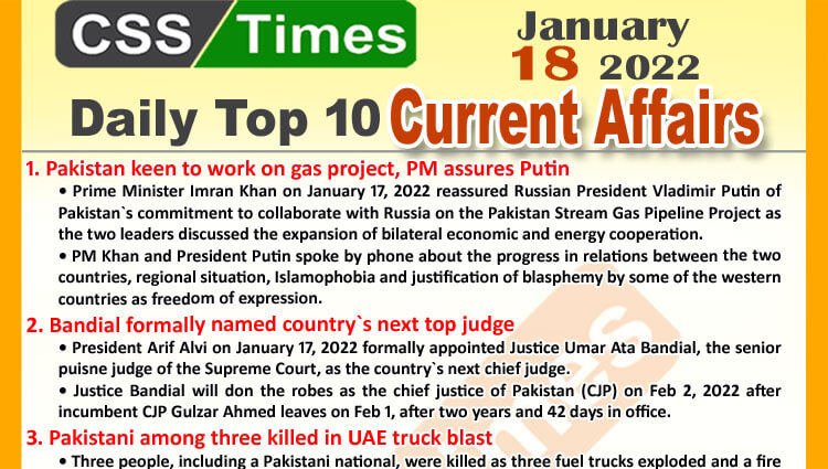 Daily Top-10 Current Affairs MCQs / News (January 18, 2022) for CSS, PMS