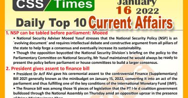 Daily Top-10 Current Affairs MCQs / News (January 16, 2022) for CSS, PMS